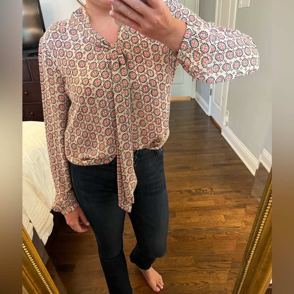 Loft - pink and white blouse with tie neck - Small